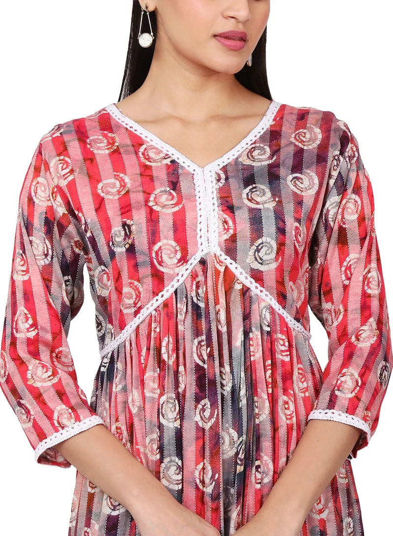 HANA & SARA MULTICOLOUR SOFT VISCOSE PRINTED FRONT LACE STYLED ARABIC KAFTAN JALABIYA DRESS