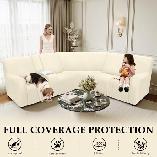 ROFASVCO Waterproof Reclining Sectional Couch Covers Washable L Shaped Couch Cover for Sectionals Recliner Sofa Covers Stretch Corner Recliner Slipcovers for Dogs 5 Seater 1 Console Cover Beige - Image 3