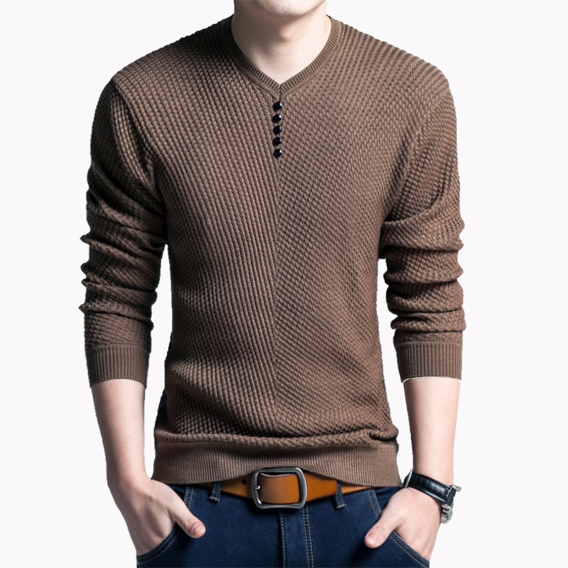 Casual V-Neck Mens Thickened Fleece Sweater CAMEL - Image 5