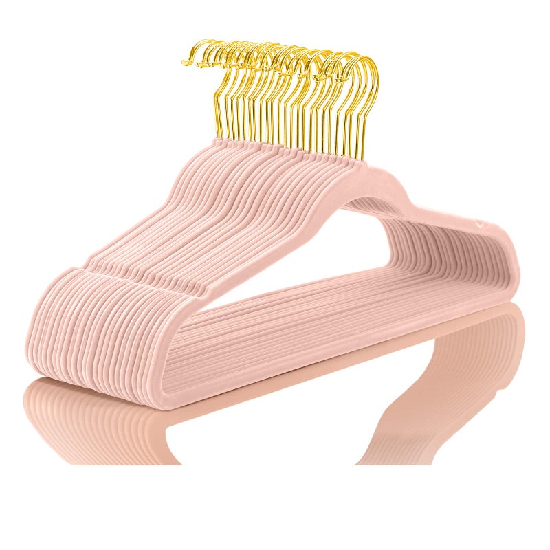 MIZGI Premium Velvet Hangers (Pack of 50) Heavyduty - Non Slip - Velvet Suit Hangers Blush Pink - Gold Hooks,Space Saving Clothes Hangers Felt Organizer - Image 1