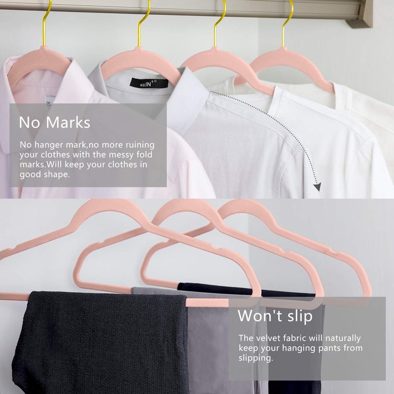 MIZGI Premium Velvet Hangers (Pack of 50) Heavyduty - Non Slip - Velvet Suit Hangers Blush Pink - Gold Hooks,Space Saving Clothes Hangers Felt Organizer - Image 4