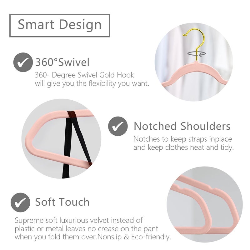 MIZGI Premium Velvet Hangers (Pack of 50) Heavyduty - Non Slip - Velvet Suit Hangers Blush Pink - Gold Hooks,Space Saving Clothes Hangers Felt Organizer - Image 3