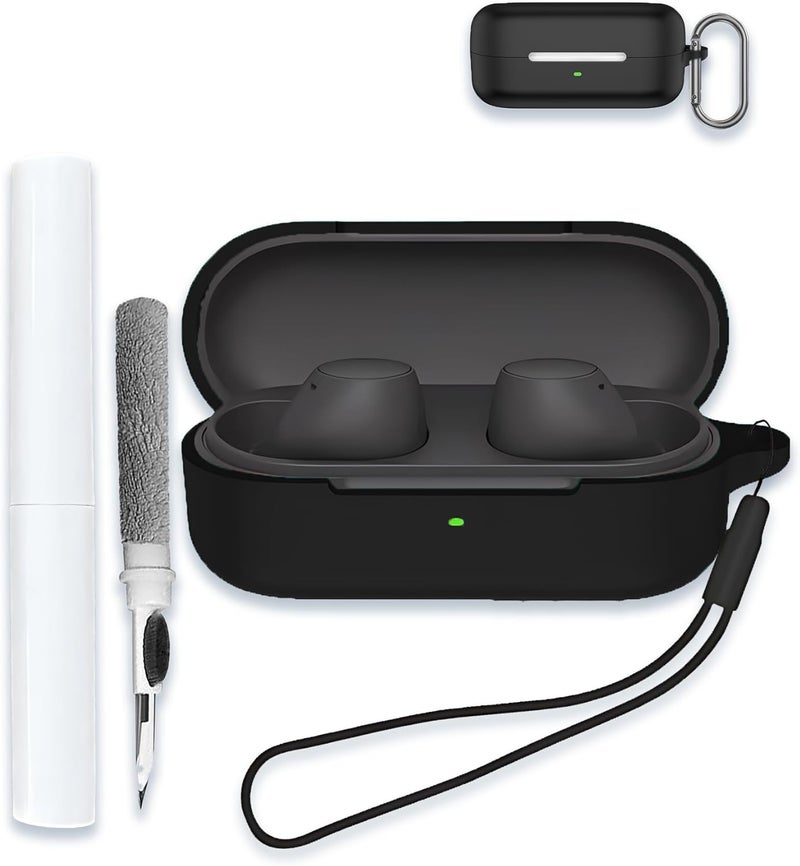 WUNIAK Case for Sony WF-C510 Truly Wireless in-Ear Bluetooth Earbud Headphones, Soft Silicone Protective Portable Scratch Shock Resistant Shell with Cleaner Kit & Carabiner & Lanyard，Black - Image 2