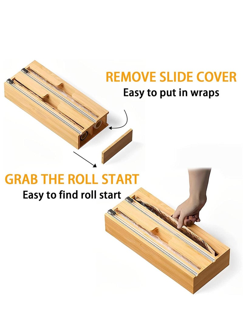 2 in 1 Bamboo Wood Plastic Aluminum Foil, Food Wrap Dispenser and Wax Paper Roll Organizer Holder with Slide Cutter