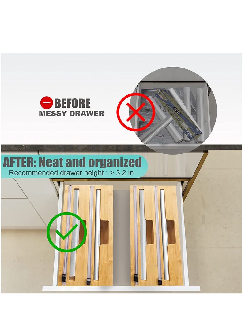 2 in 1 Bamboo Wood Plastic Aluminum Foil, Food Wrap Dispenser and Wax Paper Roll Organizer Holder with Slide Cutter