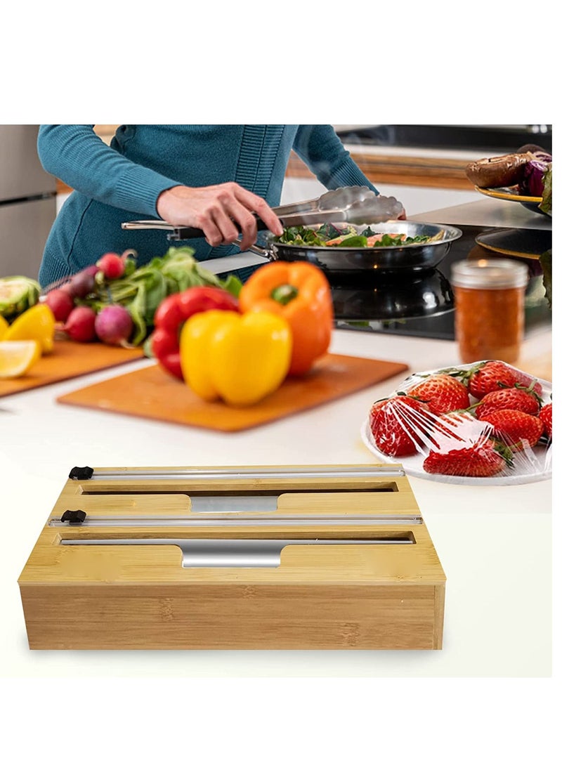 2 in 1 Bamboo Wood Plastic Aluminum Foil, Food Wrap Dispenser and Wax Paper Roll Organizer Holder with Slide Cutter