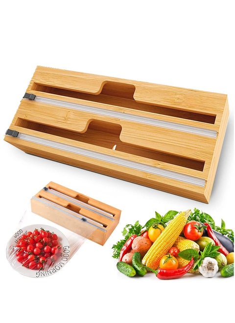 2 in 1 Bamboo Wood Plastic Aluminum Foil, Food Wrap Dispenser and Wax Paper Roll Organizer Holder with Slide Cutter