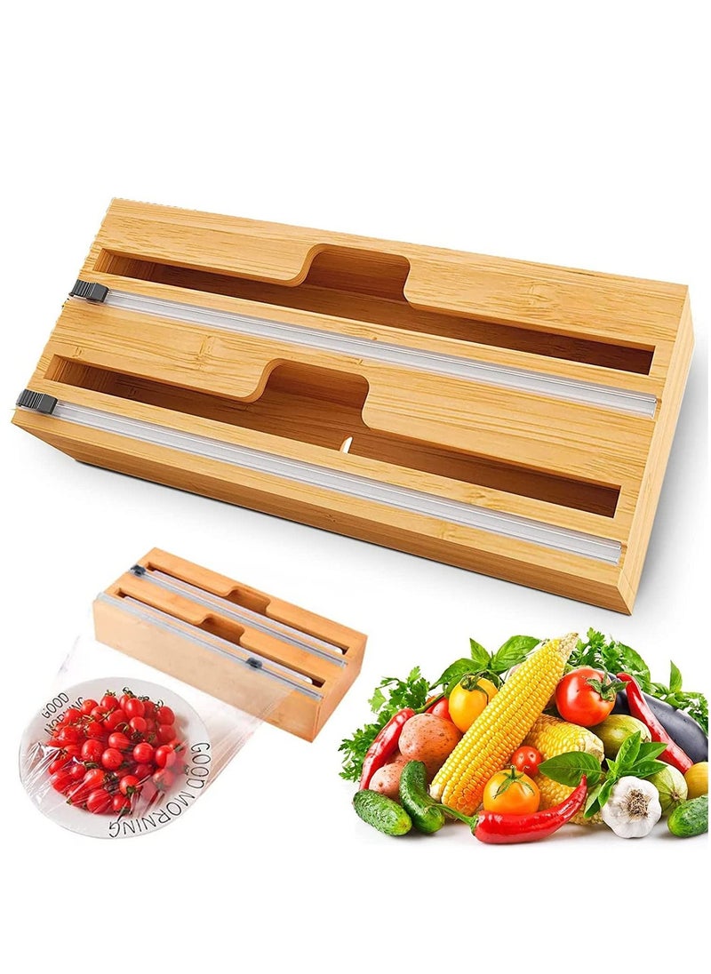 2 in 1 Bamboo Wood Plastic Aluminum Foil, Food Wrap Dispenser and Wax Paper Roll Organizer Holder with Slide Cutter