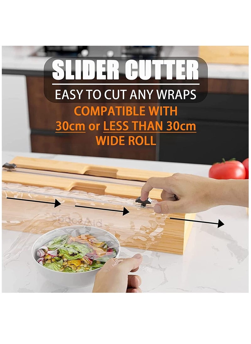 2 in 1 Bamboo Wood Plastic Aluminum Foil, Food Wrap Dispenser and Wax Paper Roll Organizer Holder with Slide Cutter