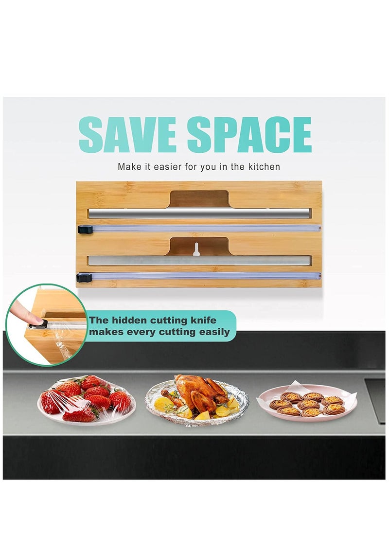 2 in 1 Bamboo Wood Plastic Aluminum Foil, Food Wrap Dispenser and Wax Paper Roll Organizer Holder with Slide Cutter