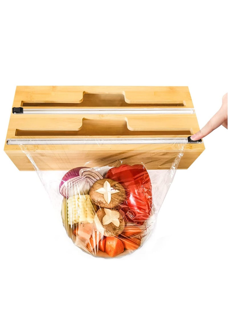 2 in 1 Bamboo Wood Plastic Aluminum Foil, Food Wrap Dispenser and Wax Paper Roll Organizer Holder with Slide Cutter