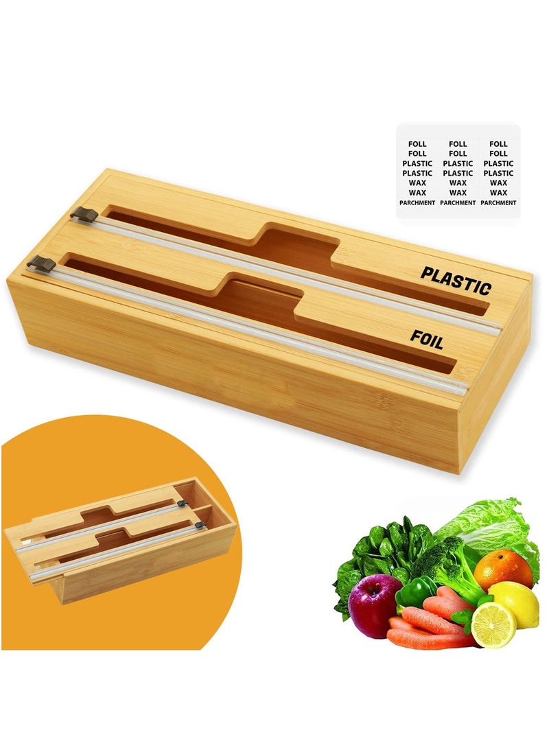 2 in 1 Bamboo Wood Plastic Aluminum Foil, Food Wrap Dispenser and Wax Paper Roll Organizer Holder with Slide Cutter