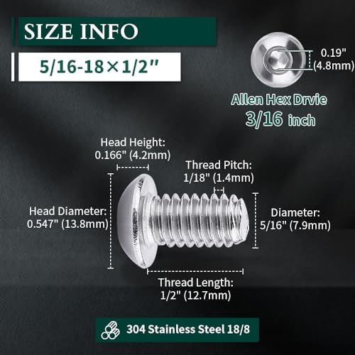 EASTLO 5/16-18 x 1/2" Button Head Socket Cap Bolts Screws, 304 Stainless Steel 18-8, Full Thread, Coarse Thread, Allen Hex Drive, 10 PCS - Image 3