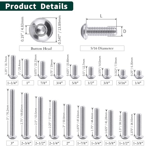 EASTLO 5/16-18 x 1/2" Button Head Socket Cap Bolts Screws, 304 Stainless Steel 18-8, Full Thread, Coarse Thread, Allen Hex Drive, 10 PCS - Image 4