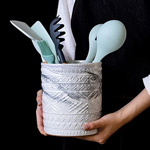 Yundu Grey Ceramic Marble Kitchen Utensil Holder for Countertop, Utensil Crock for Home Décor - Image 4