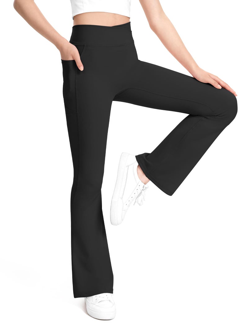 KEREDA Girls Flare Leggings High Waist Cross Bell Bottoms for Girls Yoga Dance Pants with Pockets Black 13-14 Years - Image 1