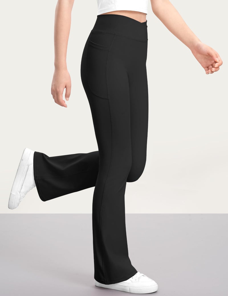 KEREDA Girls Flare Leggings High Waist Cross Bell Bottoms for Girls Yoga Dance Pants with Pockets Black 13-14 Years - Image 2