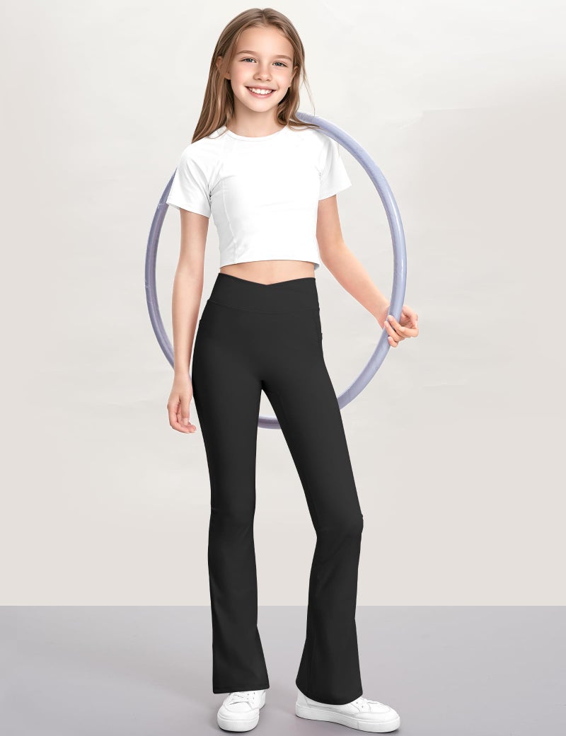 KEREDA Girls Flare Leggings High Waist Cross Bell Bottoms for Girls Yoga Dance Pants with Pockets Black 13-14 Years - Image 4