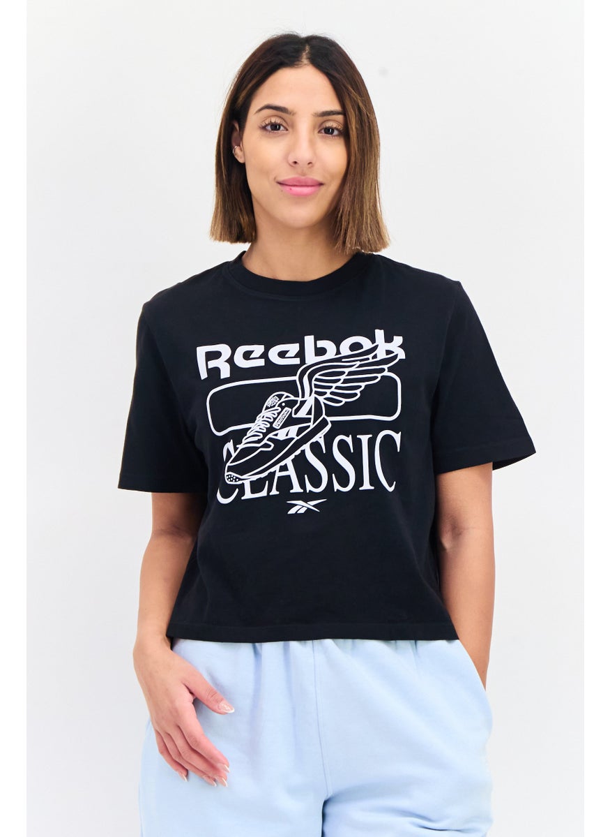 Reebok Women Sportswear Fit Short Sleeves Running Crop T-Shirt, Black  - Image 1
