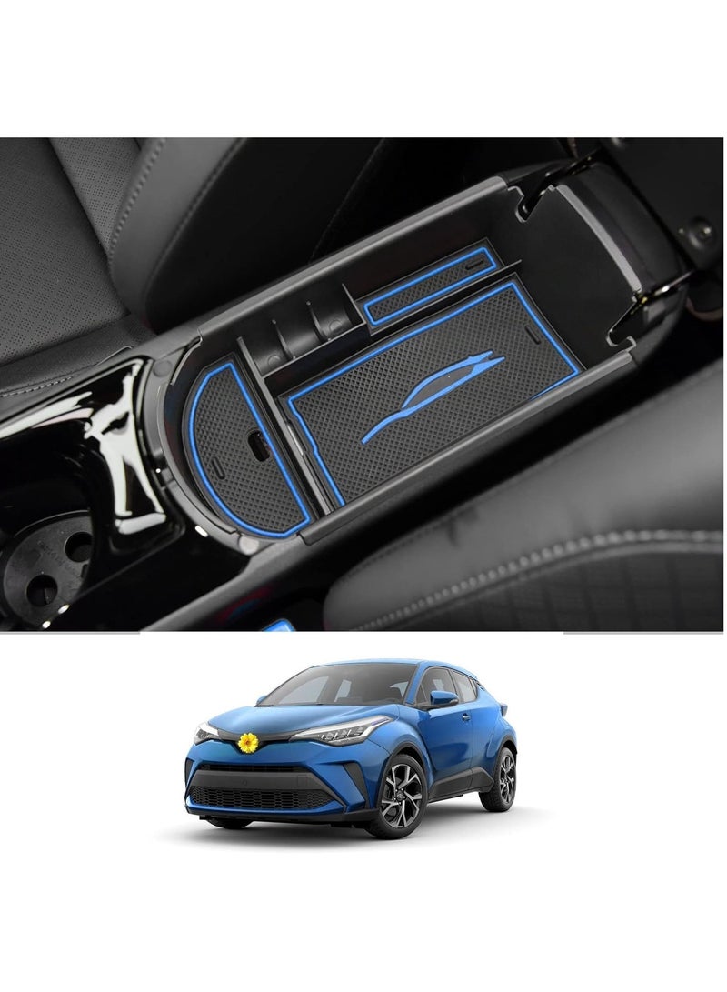 Rubik صندوق تخزين مسند الذراع المركزي مع فتحة كابل USB لسيارات تويوتا C-HR CHR من 2016-2023، إصدار Nightshade والنسخة المحدودة، صينية تنظيم وحدة التحكم في السيارة - أسود/أزرق - Image 1