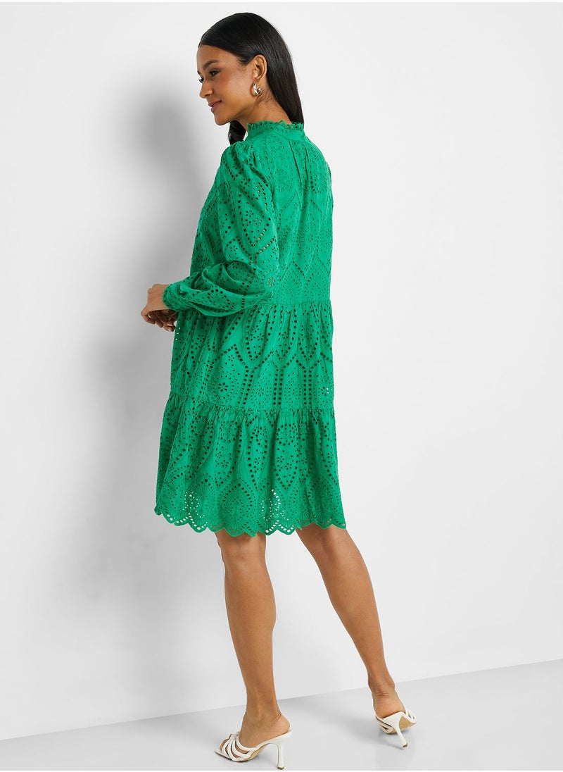 YAS - Tiered V-Neck Openwork Dress - Image 1