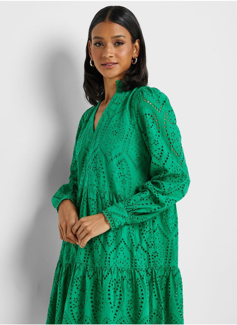 YAS - Tiered V-Neck Openwork Dress - Image 1