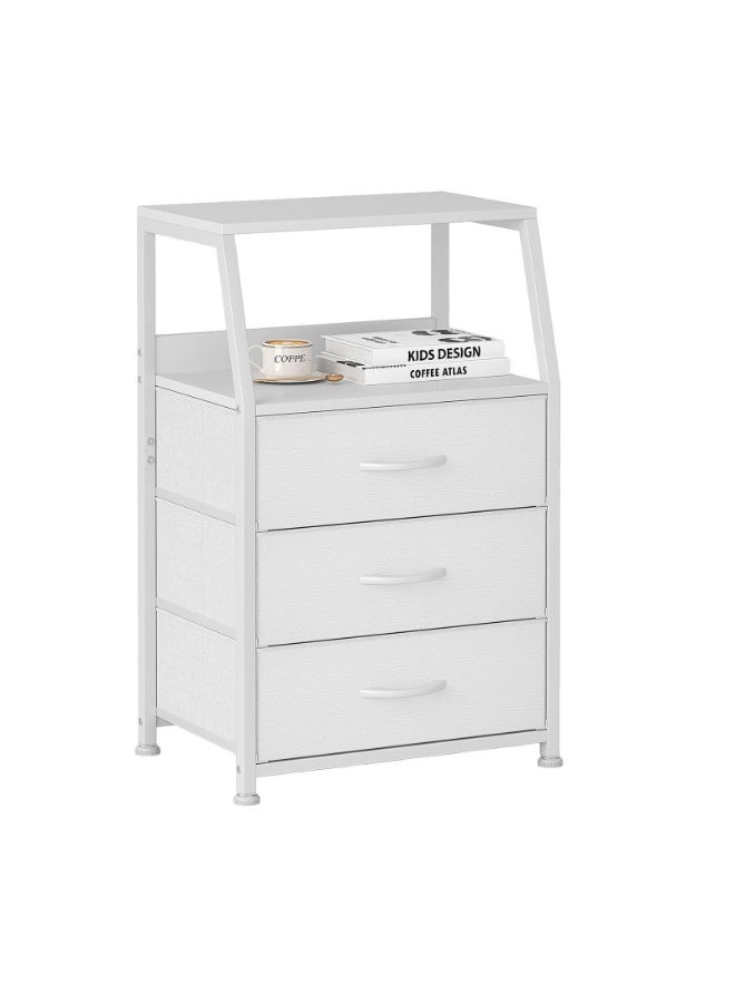 White Nightstand with 3 Fabric Drawers & 2-Tier Shelf, Small Bedside Table Storage Organizer with Steel Frame & Wood Top, End Table for Bedroom, Nursery, Closet & Hallway