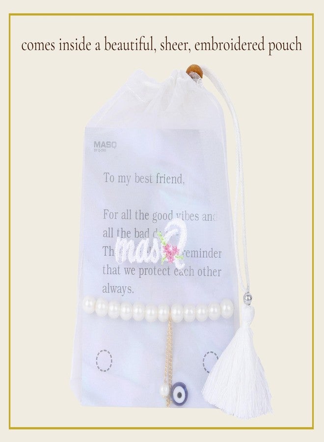 MASQ Best Friend Pearl Bracelet Gift-Friendship Band for Girls & Boys with Sweet Message Card & Embroidered Organza Pouch Cute BFF Gift for Bestie Birthday, Good Vibes & Protection Set Of 1 - Image 2
