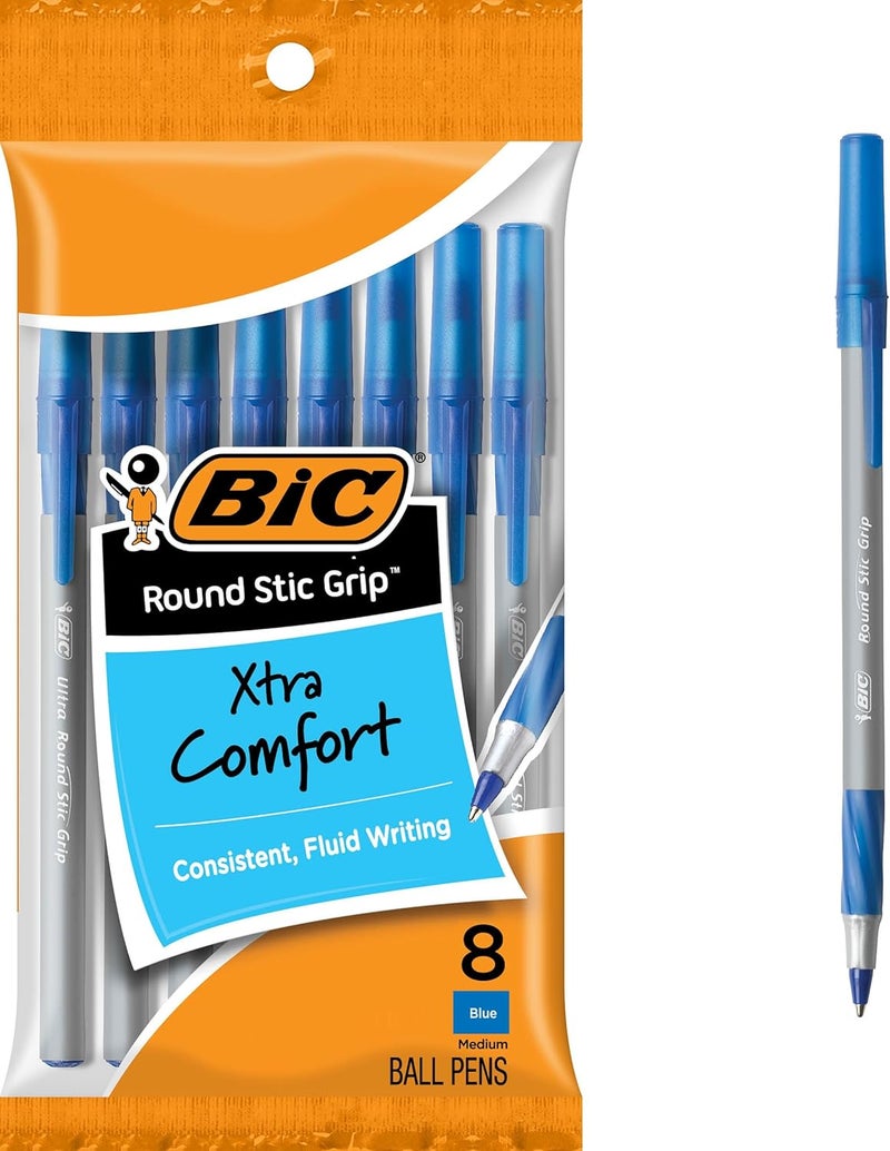 BIC Round Stic Grip Xtra Comfort Ballpoint Pen, Medium Point (1.2mm), Blue, 8-Count - Image 1