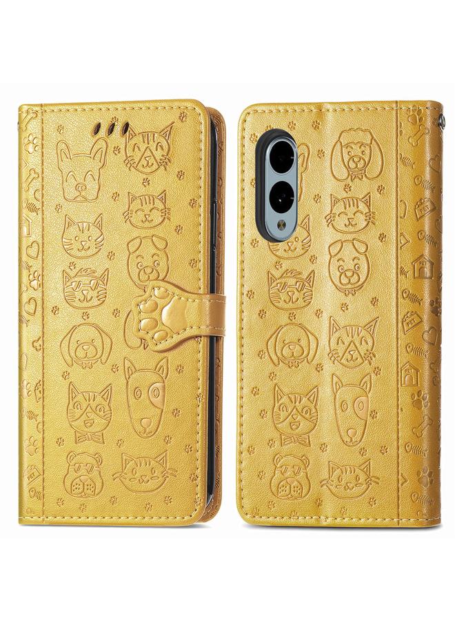 اس-توب جراب لهاتف Fujitsu Arrows We2 / F-52E مصنوع من الجلد المنقوش بنقشة قطة وكلب - Image 2