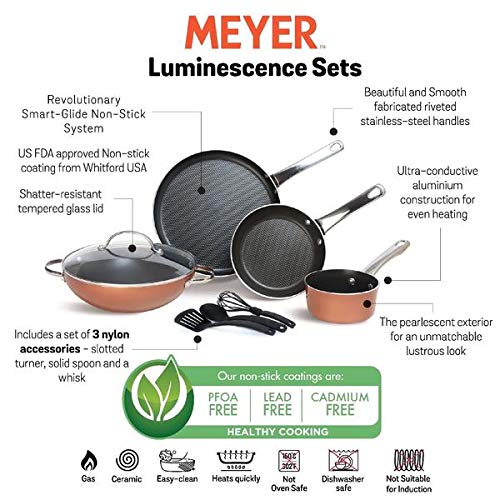 MEYER طقم أواني الطهي من ماير المصنوعة من الألمنيوم، كاداي، مقلاة، قدر، طاوة دُوسا مسطحة، غطاء مع ملحقات، 8 قطع (نحاس) - متعدد الألوان - Image 5
