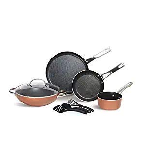 MEYER طقم أواني الطهي من ماير المصنوعة من الألمنيوم، كاداي، مقلاة، قدر، طاوة دُوسا مسطحة، غطاء مع ملحقات، 8 قطع (نحاس) - متعدد الألوان - Image 1