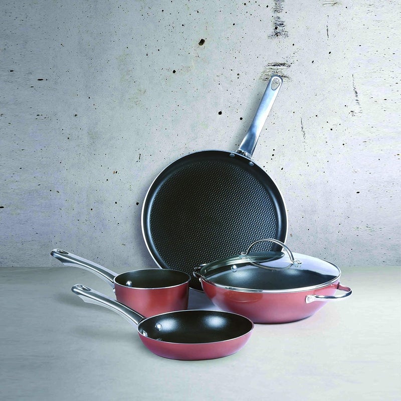 MEYER طقم أواني الطهي من ماير المصنوعة من الألمنيوم، كاداي، مقلاة، قدر، طاوة دُوسا مسطحة، غطاء مع ملحقات، 8 قطع (نحاس) - متعدد الألوان - Image 2