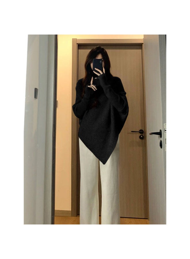 أسود قميص نسائي محبوك ذو طوق عالي غير متماثل بلون واحد لخريف، سترة كورية فضفاضة ومريحة وناعمة