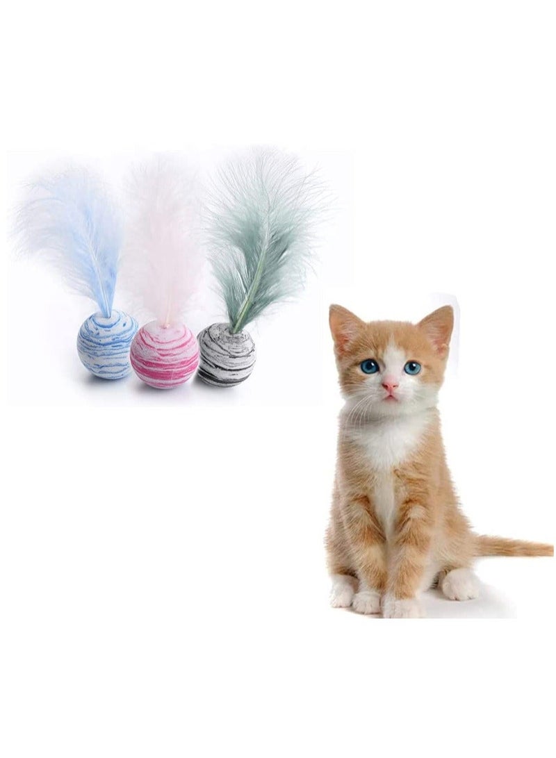 Cat Toys, Feather Ball Teaser Chew Toys Kitten Scratch Trow for Cats Kitty Teeth Cleaning Playing 2 Blue, Red, Black