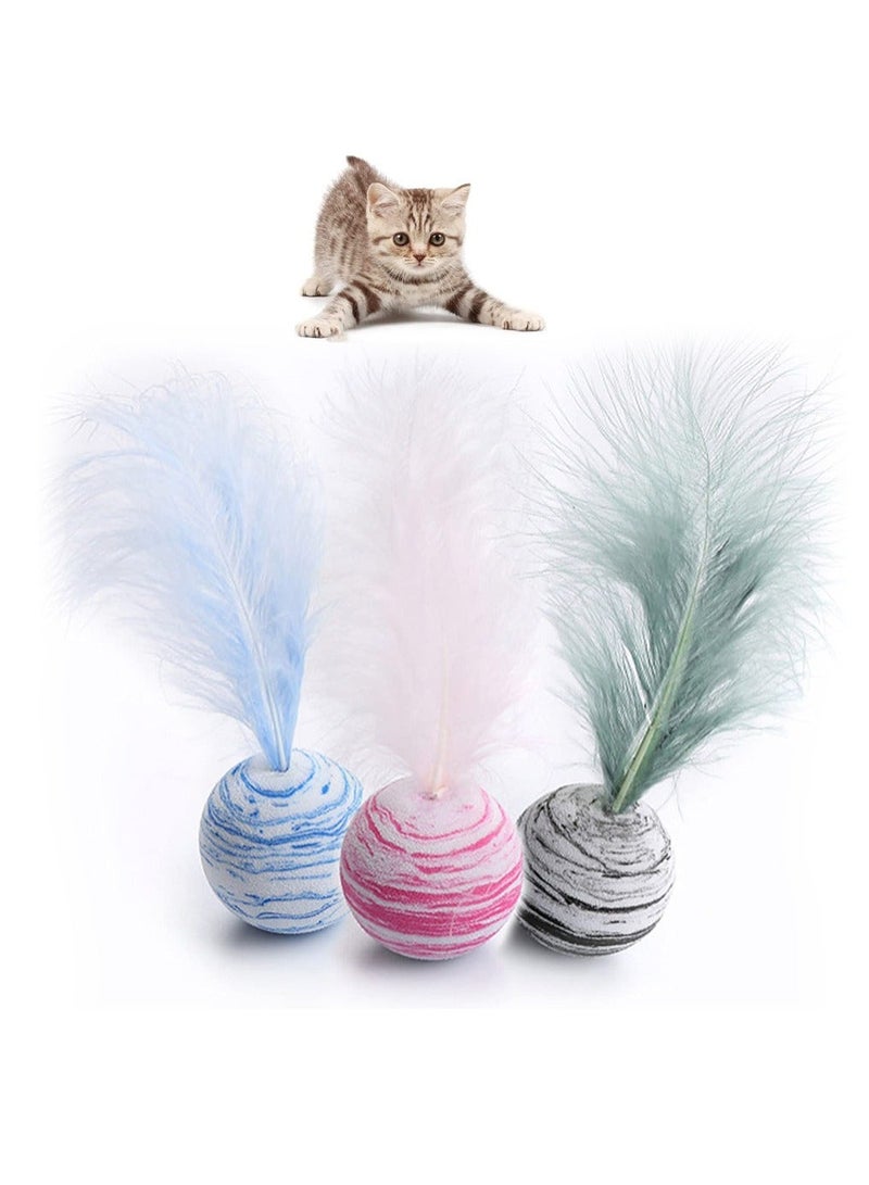 Cat Toys, Feather Ball Teaser Chew Toys Kitten Scratch Trow for Cats Kitty Teeth Cleaning Playing 2 Blue, Red, Black