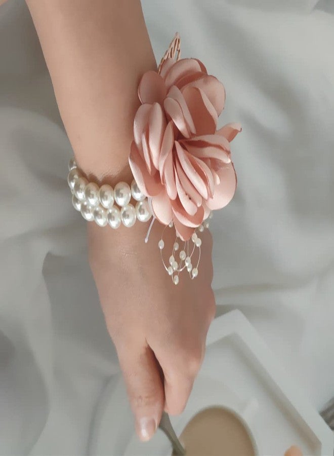 Jilukibo Pink Rose Flower Bridesmaid Wrist Corsage for Dance Party Wedding Ball Prom, Rhinestone Bridal Hand Ribbon Flower Suit Pearl Bracelet Decor Accessories (1 Pack) - Image 4