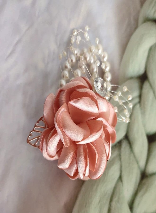 Jilukibo Pink Rose Flower Bridesmaid Wrist Corsage for Dance Party Wedding Ball Prom, Rhinestone Bridal Hand Ribbon Flower Suit Pearl Bracelet Decor Accessories (1 Pack) - Image 5