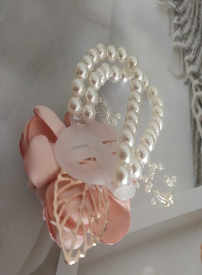 Jilukibo Pink Rose Flower Bridesmaid Wrist Corsage for Dance Party Wedding Ball Prom, Rhinestone Bridal Hand Ribbon Flower Suit Pearl Bracelet Decor Accessories (1 Pack) - Image 2