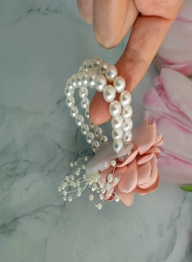 Jilukibo Pink Rose Flower Bridesmaid Wrist Corsage for Dance Party Wedding Ball Prom, Rhinestone Bridal Hand Ribbon Flower Suit Pearl Bracelet Decor Accessories (1 Pack) - Image 3