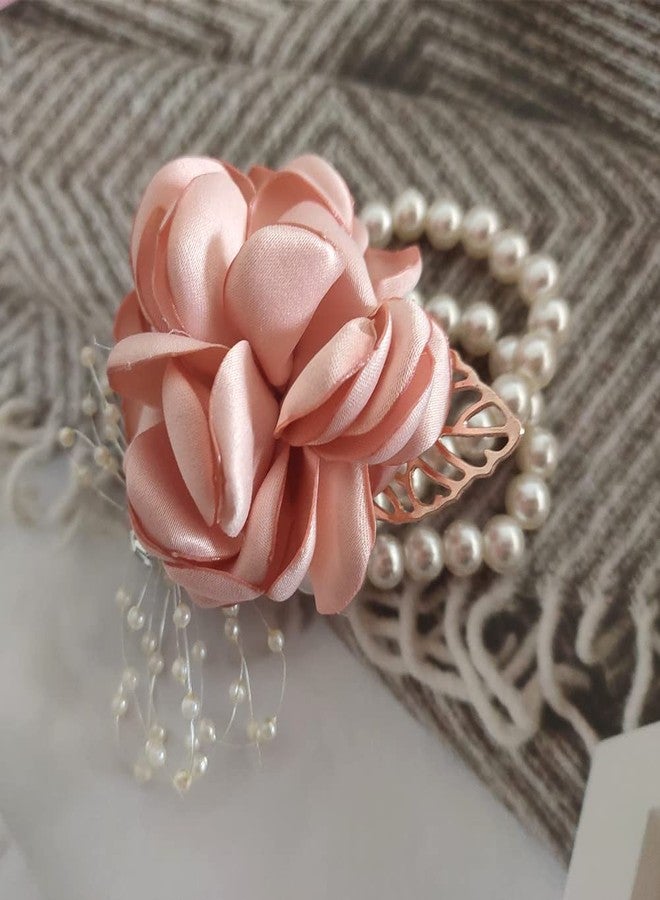 Jilukibo Pink Rose Flower Bridesmaid Wrist Corsage for Dance Party Wedding Ball Prom, Rhinestone Bridal Hand Ribbon Flower Suit Pearl Bracelet Decor Accessories (1 Pack) - Image 1