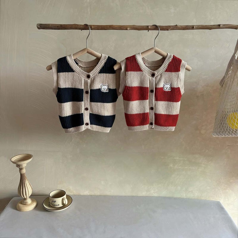 سترة شتوية جديدة مخططة للأطفال مزينة بدب بدون أكمام، سترة كاردigan محبوكة للأطفال حديثي الولادة من الأولاد والبنات - Image 2