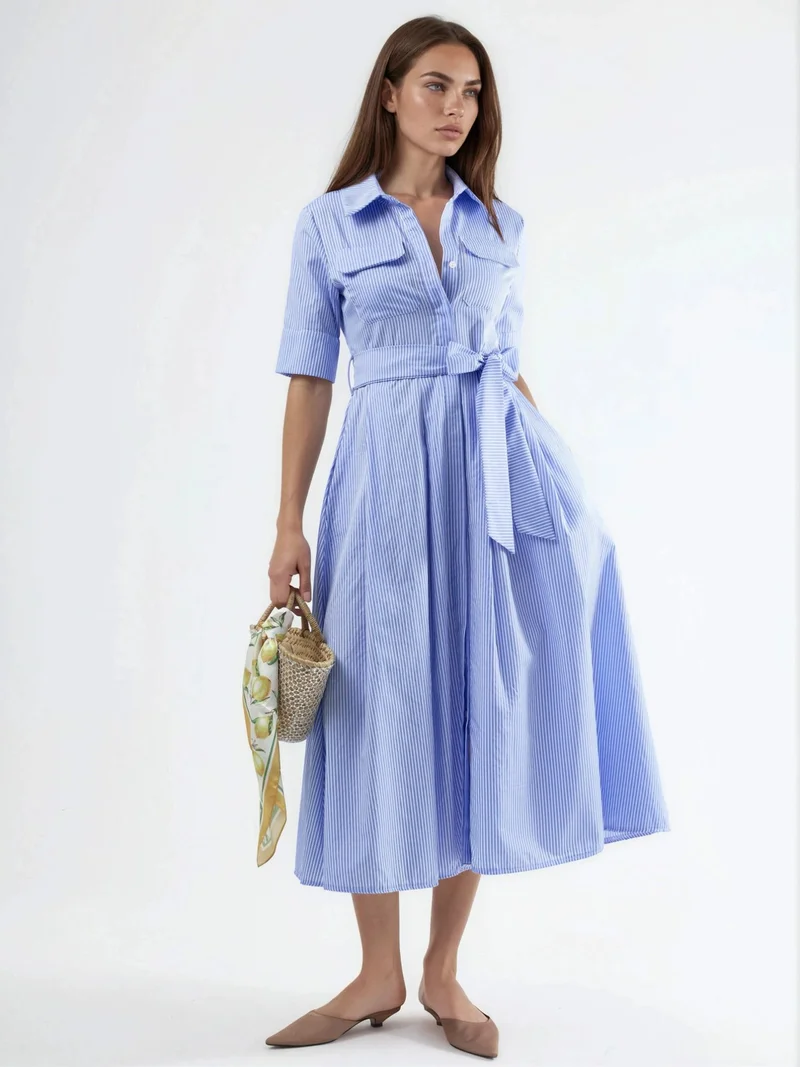 Busem BUSEM Belted Striped Midi Shirt Dress