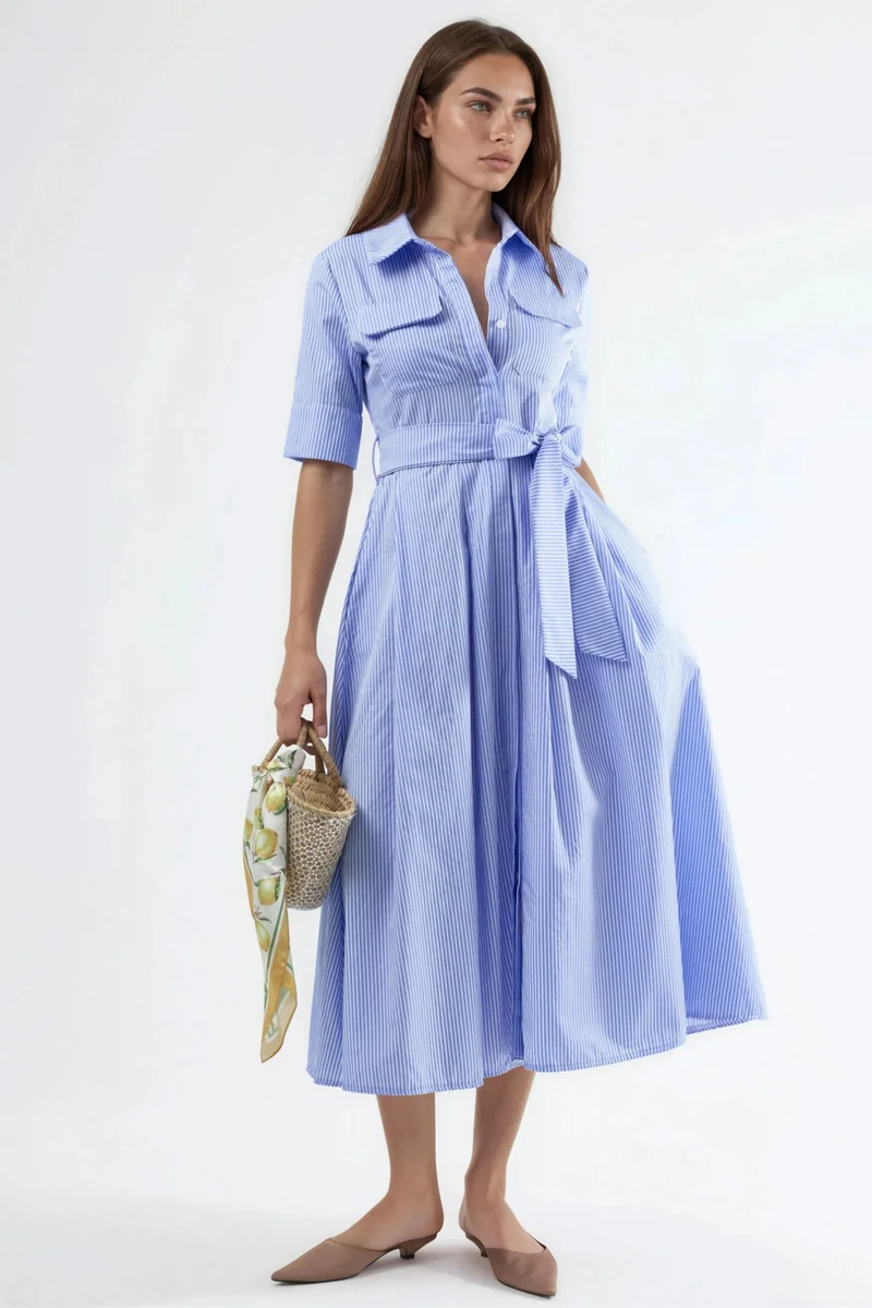 Busem BUSEM Belted Striped Midi Shirt Dress