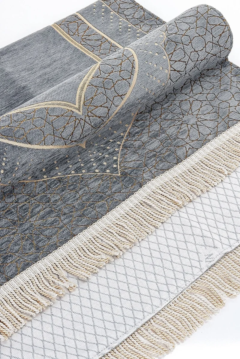 ايهفان اونلاين Mihrap Patterned Lined Chenille Prayer Rug - Gray