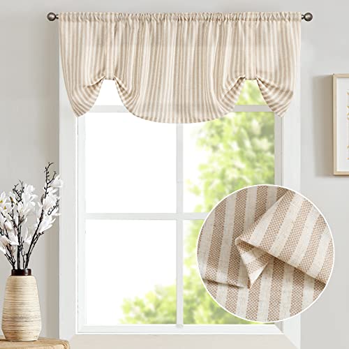 jinchan Tie Up Linen Textured Striped Bow Tie Curtain for Kitchen Bathroom Rod Pocket Pinstripe Valance Window Treatments Ticking Stripe Pull Cord Valance 1 Panel 18 Inch Tan on Linen - Image 3