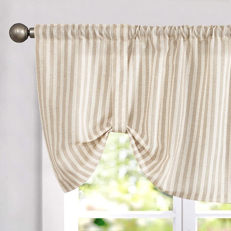 jinchan Tie Up Linen Textured Striped Bow Tie Curtain for Kitchen Bathroom Rod Pocket Pinstripe Valance Window Treatments Ticking Stripe Pull Cord Valance 1 Panel 18 Inch Tan on Linen - Image 2