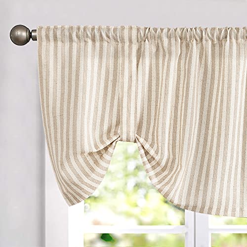 jinchan Tie Up Linen Textured Striped Bow Tie Curtain for Kitchen Bathroom Rod Pocket Pinstripe Valance Window Treatments Ticking Stripe Pull Cord Valance 1 Panel 18 Inch Tan on Linen - Image 1
