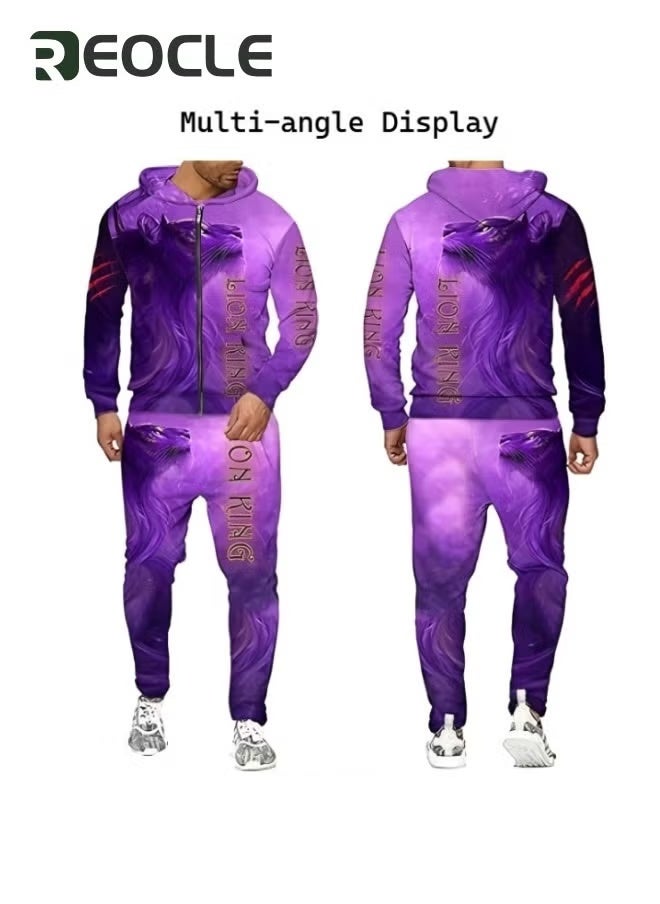 REOCLE Men's 2 Pcs Hoodie Set Sweatshirt Suit 3D Printed Long Sleeve Hoodie with Zipper Trackpant Casual Suit - Image 1