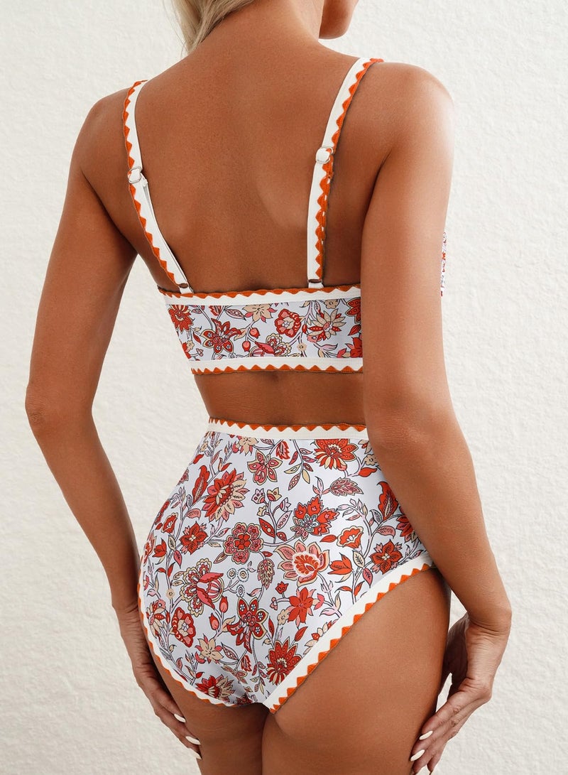 Herseas Womens Bikini Sets Floral Print Color Block Swim Suits High Waisted Scoop Neck Wire Free Bathing Suits Orange Travel Outfits Classic Pool Party Teen Girls Essentials Large - Image 2